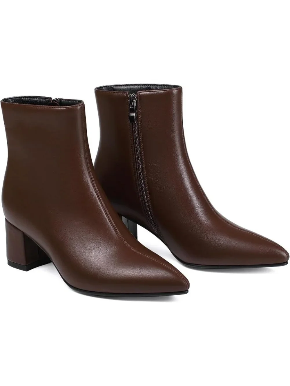 Women's Brown Pu Pointed Toe Comfortable Chunky Heel Side Zipper Ankle Boots